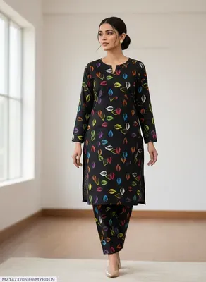 Women Printed 2 Pcs Suit Black Polo Cotton thumbnail 5