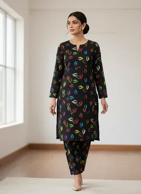 Women Printed 2 Pcs Suit Black Polo Cotton