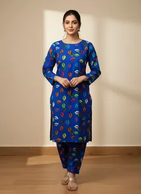 Women Unstitched Printed Suit Blue Polo Cotton 2 Pcs