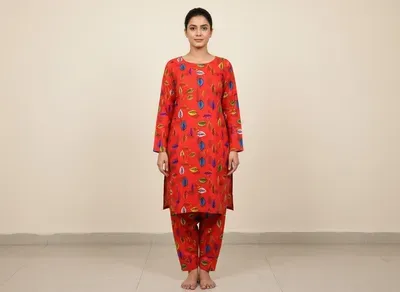 Women Unstitched Printed Suit Red 2 Pcs Micro Polo Cotton thumbnail 3