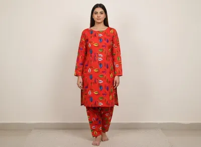 Women Unstitched Printed Suit Red 2 Pcs Micro Polo Cotton thumbnail 4