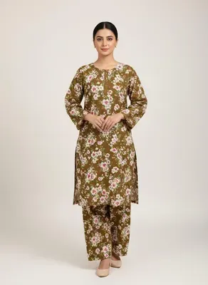 Women Printed 2-Piece Suit Brown Polo Cotton