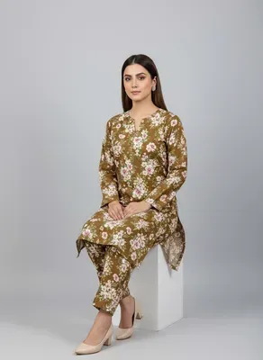 Women Printed 2-Piece Suit Brown Polo Cotton thumbnail 3