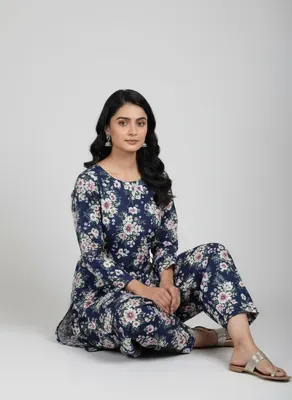 Women Unstitched Printed Suit Blue Polo Cotton 2 Pcs thumbnail 3