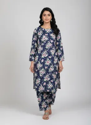 Women Unstitched Printed Suit Blue Polo Cotton 2 Pcs thumbnail 4