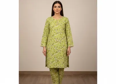 Women Green Printed 2 Pcs Suit Micro Polo Cotton thumbnail 3