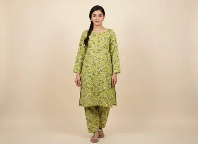 Women Green Printed 2 Pcs Suit Micro Polo Cotton thumbnail 4