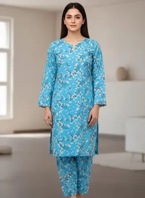Blue Printed 2 Pcs Women's Unstitched Suit