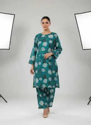 Turquoise Printed 2 Pcs Women's Unstitched Suit Micro Polo Cotton