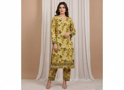 Women Unstitched Printed Suit Yellow Polo Cotton 2 Pcs