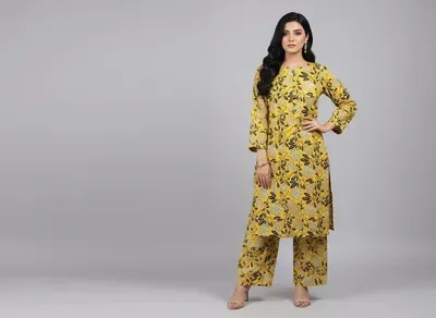 Women Unstitched Printed Suit Yellow Polo Cotton 2 Pcs thumbnail 3