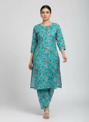 Turquoise Printed 2 Pcs Women's Suit Micro Polo Cotton
