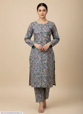Women Unstitched Printed Suit Grey Polo Cotton 2 Pcs thumbnail 6