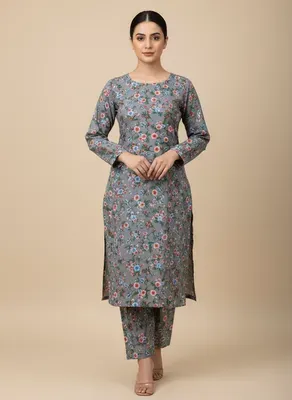 Women Unstitched Printed Suit Grey Polo Cotton 2 Pcs
