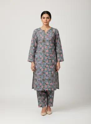 Women Unstitched Printed Suit Grey Polo Cotton 2 Pcs thumbnail 5