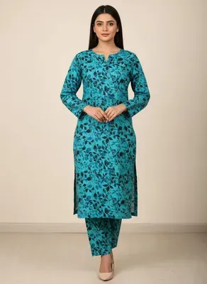 Blue Printed 2 Pcs Women's Unstitched Suit