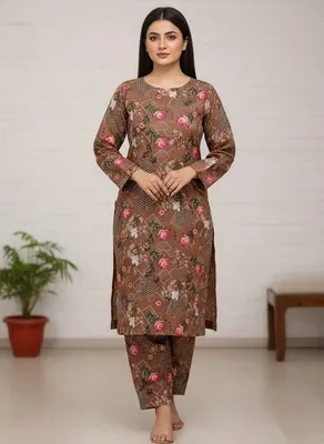 Women Printed 2-Piece Suit Brown Polo Cotton