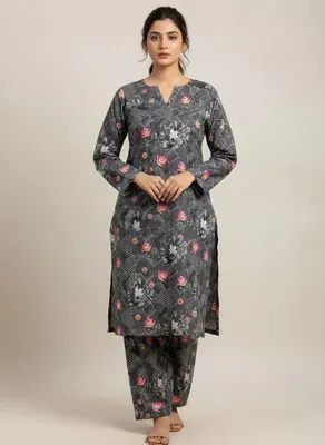 Grey Printed 2 Pcs Women's Unstitched Suit Micro Polo Cotton