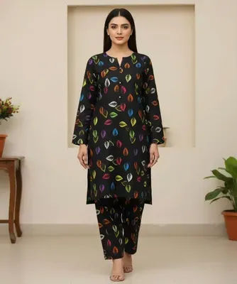 Women Printed 2 Pcs Suit Black Polo Cotton