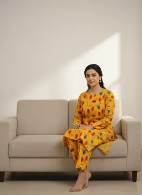 Women Unstitched Printed Suit Yellow 2 Pcs Micro Polo Cotton thumbnail 4
