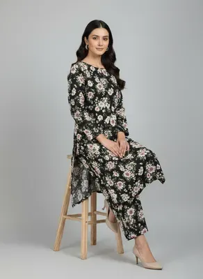 Women Unstitched Printed Suit Black 2 Pcs Polo Cotton
