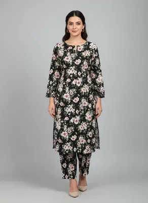 Women Unstitched Printed Suit Black 2 Pcs Polo Cotton thumbnail 3