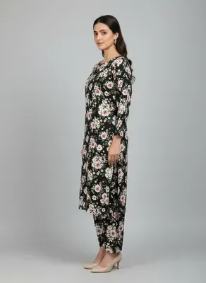Women Unstitched Printed Suit Black 2 Pcs Polo Cotton thumbnail 4