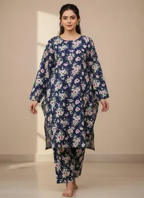 Women Unstitched Printed Suit Blue Polo Cotton 2 Pcs