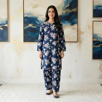 Women Unstitched Printed Suit Blue Polo Cotton 2 Pcs thumbnail 4