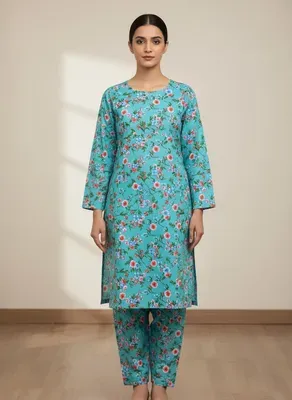 Turquoise Printed 2 Pcs Women's Suit Micro Polo Cotton