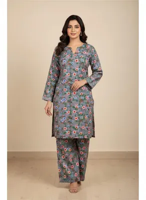 Women Printed 2-Piece Suit Grey Polo Cotton