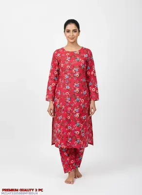 Premium Quality 2 Pcs Printed Pink Polo Cotton Suit for Women thumbnail 6