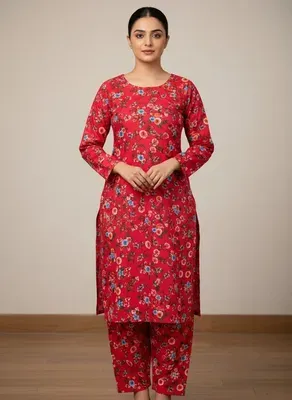 Premium Quality 2 Pcs Printed Pink Polo Cotton Suit for Women thumbnail 4