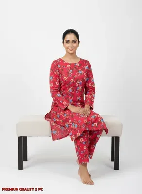 Premium Quality 2 Pcs Printed Pink Polo Cotton Suit for Women thumbnail 3