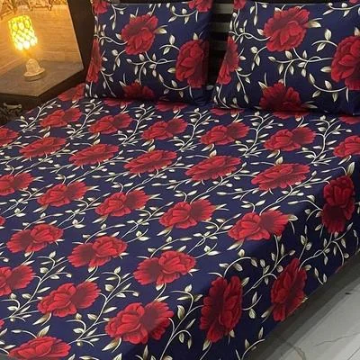 Luxurious Double Bedsheet Set - 3 Pcs Crystal Cotton Printed in Blue