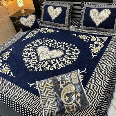 Velvet Jacquard Double Bedsheet Set Blue Heart Design