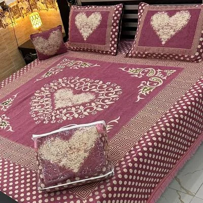 Pink Velvet Jacquard Double Bedsheet Set 4Pcs