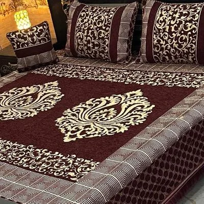 King Size Velvet Jacquard Bedsheet Set Brown 4 Pcs