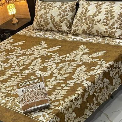 Double Bedsheet Set Brown Leaf Print Cotton 3 Pcs