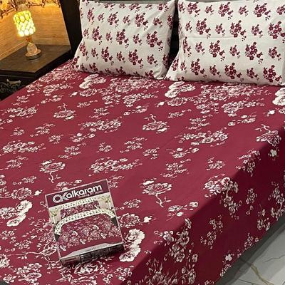 Maroon Floral Double Bedsheet Set Mix Cotton 90x97