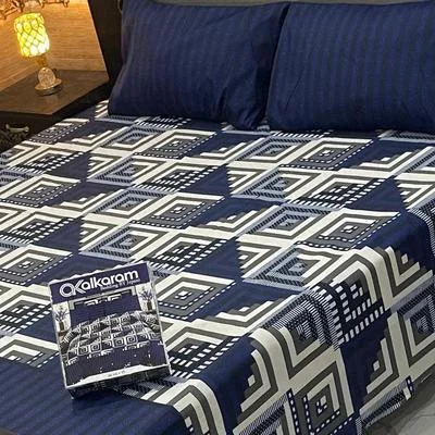 Blue Printed Double Bedsheet Set 3 Pcs Mix Cotton