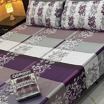 Double Bedsheet Set Purple Gray Floral Mix Cotton 3 Pcs