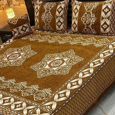 Velvet Jacquard Bedsheet Brown Double Bed 4 Pcs Set