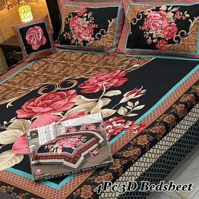 Stylish Printed Double Bedsheet Set - 4 Pcs in Black Crystal Cotton
