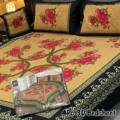 Mustard Crystal Cotton Double Bedsheet Set - 4 Pcs Printed Comfort
