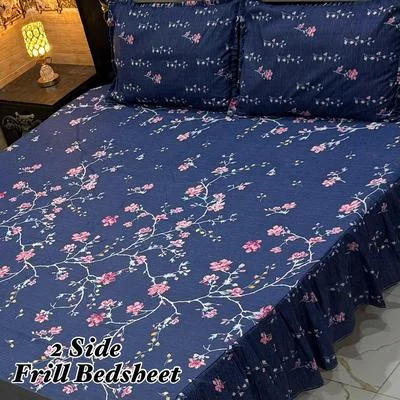 Double Bedsheet Cotton Salonica Frill Blue Pink Floral