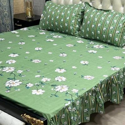 Green Cotton Frill Bedsheet Set for Double Bed