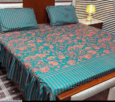 Premium Cotton Frill Bedsheet Green Coral Floral Double Set thumbnail 2