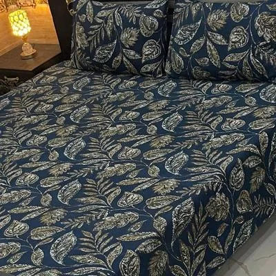 Crystal Cotton Printed Double Bedsheet Black Silver Leaf Pattern