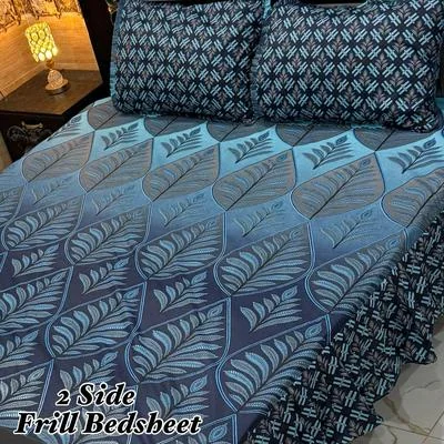 Cotton Frill Bedsheet Blue Leaf Double Size